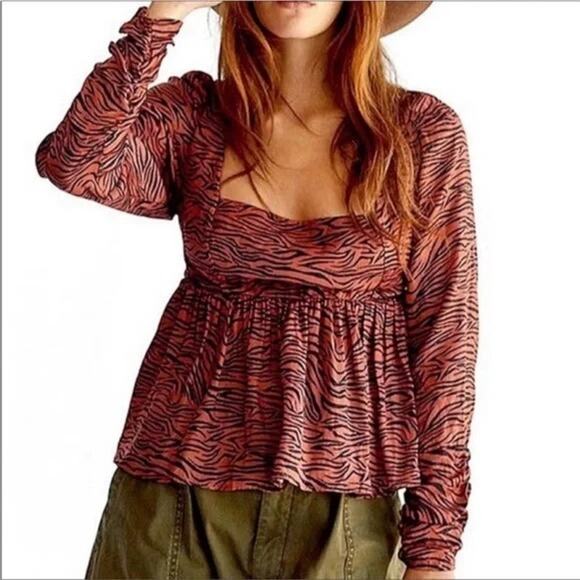 Free People | Tiger Open Back Cut-Out Flouncy Peplum Smocked Long Sleeve Top - Picture 1 of 11